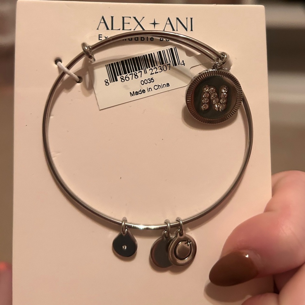 Alex & Ani “N” silver charm bangle bracelet